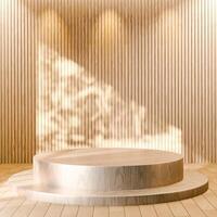 A two-tiered circular wooden platform is shown against a wooden wall. Sunlight and shadows create a blurred pattern on the background. The scene has a warm, natural, and minimalist aesthetic. photo