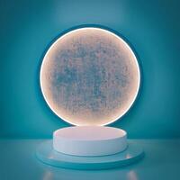 3D A white, multi-tiered circular platform is centered beneath a glowing circular frame against a teal background. The scene has a modern, minimalist, and slightly futuristic aesthetic. photo