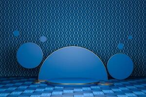 3D A blue geometric studio featuring a podium, circular backdrop and patterned wall and flooring. photo