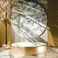 Multi-tiered platform with gold base, white top, large circular marble backdrop, potted flowering tree on left, golden vertical wall stripes. Soft shadows enhance sophisticated, elegant aesthetic. photo