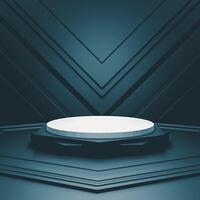 3D A white podium on a layered black platform with a patterned, angled background. photo