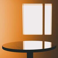3D A dark circular table is centered against a tan wall, with a window illuminating the background with a soft glow. photo