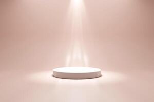 3D A minimalist scene with a white podium in front of a light peach background under spotlights. photo