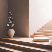 White circular platform on steps, vase of cotton branches on left, additional steps on right, warm light. Minimalist, serene design with architectural feel. photo