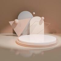 3D White multi-tiered circular platform centered among beige and white geometric shap photo