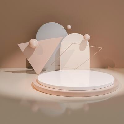 3D White multi-tiered circular platform centered among beige and white geometric shap