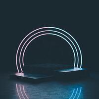 3D Multi-tiered dark rectangular platform, dark textured background, layered glowing semi-circular arch in pink and blue, reflective glowing floor. Modern, abstract, futuristic feel. photo