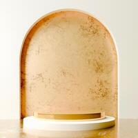 3D A white platform with a gold-rimmed top is centered beneath a tan, textured, arched backdrop. The floor has a glossy, reflective surface. The scene is minimalist and elegant. photo