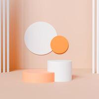 A 3D scene featuring interlocking peach and white podiums, against a peach background with geometric shapes. photo