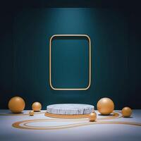 Marble circle platform with gold trim sits on light gray surface with curved gold lines and gold spheres around a dark teal wall with a gold square frame creating a modern minimalist scene. photo