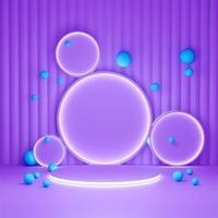 3D A purple platform is centered, with glowing purple circles and blue spheres scattered around. The background has vertical ridges. The scene has a vibrant, modern, and playful aesthetic. photo