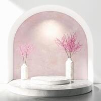 Layered concrete platform in white arched alcove, pink textured backdrop, two vases with pink branches on sides, soft light casting shadows. Clean, dreamy atmosphere. photo