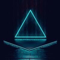 3D A dark and moody scene featuring a blue neon triangle against a wall, reflected in a surface with platform beneath. photo