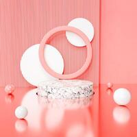 A 3D scene with a marble podium, pink circle frame, white spheres, and a striped backdrop against a pink background. photo