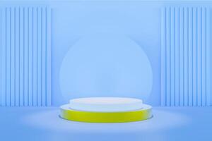 A light blue 3D scene featuring a white and chartreuse podium with ribbed panels and a circular backdrop. photo