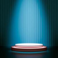 3D A two-tiered podium with white top and pink base set against a vertically-striped blue background under a spotlight. photo