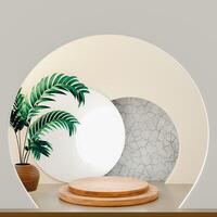 3D Multi-tiered wooden circular platform in front of beige arch and circle with white center, potted plant on left, textured gray circle on right. Modern scene with natural elements. photo
