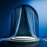 A multi-tiered white platform sits on a silver base, set against a blue backdrop with a draped curtain and an arched doorway. The scene has a theatrical and elegant feel. photo