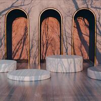 3D Four white circular platforms arranged on a reflective surface, three arched openings behind, tree branch shadows cast across the scene. Natural, abstract design with a modern touch. photo