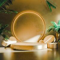 3D a golden, circular platform is centered, with a glowing circular frame behind it. Palm fronds and abstract shapes add to the tropical, luxurious aesthetic. The scene is bathed in warm light. photo