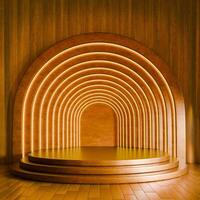 3D multi-tiered golden platform stands against a wooden wall featuring a glowing archway with several layers. The scene has warm tones and a luxurious aesthetic. photo