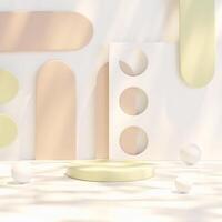 3D Light-yellow circular platform centered among pastel geometric shapes and white spheres, soft lighting casting shadows. Modern, abstract design. photo
