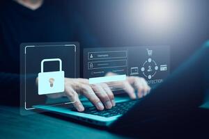 Cyber security and password login online concept Hands typing and entering username password of social media, logging in with smartphone to an online bank account, data protection hacker photo