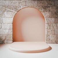 A 3D render featuring an empty podium set within an arched stone wall. photo