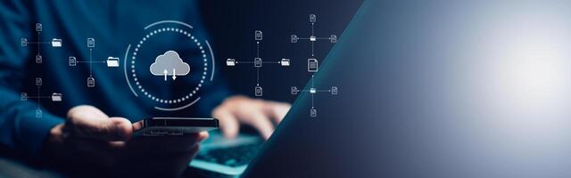 Cloud technology concept Global network of metaverse systems concept, Man hand touch data with internet cloud technology and File Transfer backup copy,Global business Internet for Telecommunication. photo