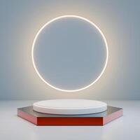 A 3D geometric podium with a round white platform atop a red and black base, against a light background with a glowing circle. photo
