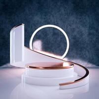 3D White multi-tiered circular platform with copper-rimmed top, textured gray background, curved copper accent, glowing circular frame. Modern, elegant, abstract scene. photo