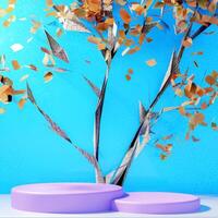 3D A multi-tiered light purple circular platform is centered, with a stylized tree with falling gold leaves set against a light-blue background. The design is modern, abstract, and somewhat whimsical. photo