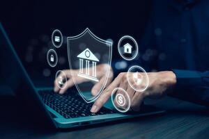 finance and banking digital,businessmen using laptops with online banking and payments, Finance and banking networks. AI, Customer networking connection, Digital marketing. cyber security. photo