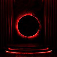 3D A dark, circular portal is framed by red light and red drapes. A multi-tiered platform with a red glow is in the foreground. The scene has a dramatic, theatrical, or mysterious mood. photo