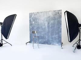 Professional photography studio setup with softbox lights, a textured backdrop, and a metal chair. cyclorama photo