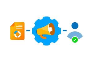 Flat illustration representing advertising algorithm bidding, featuring data charts, gear mechanism, and megaphone. Suitable for programmatic ads, PPC campaigns, and digital marketing analytics vector