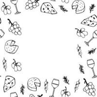 Doodle border food frame grape and wine ink hand drawn background for napkins, textile, decor vector