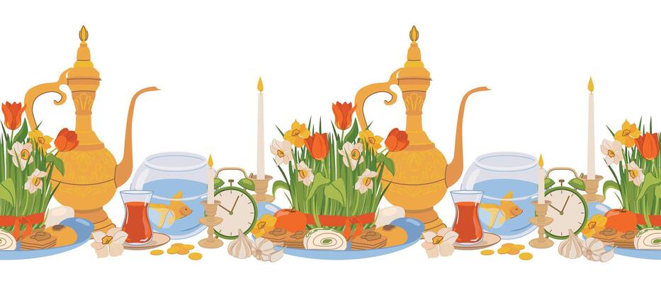 Seamless pattern for International Day of Nowruz. Iranian New Year is a holy day and religious holiday of Zoroastrians and Baha'is. Mirror, green grass, sweets, candles, vinegar, flowers. Flat .