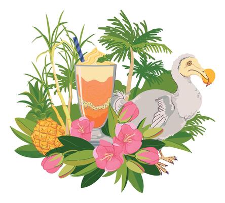 sticker with refreshing cocktail, pineapple and flowers, Dodo bird. Tropical paradise. Ice cream illustration for beach bar menu. Cruise vacation, summer holidays, party, cafe, vacation.