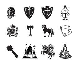 Set of Medieval illustration in black and white vector