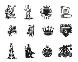 Set of Medieval Clipart Design Medieval illustration in black and white vector
