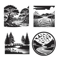 Set of River Scene And Landscape Silhouettes Design and River Scene with forest illustrated bundle vector