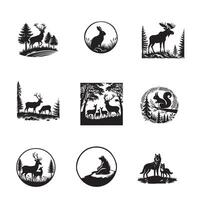 collection Set of Woodland Silhouette Design and Forest with animals illustration vector
