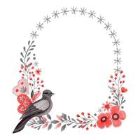 Arch wreath with dove and flower in folk style. Stylized illustration in red and gray colors for wedding invitation creating. Hand drawn composition is perfect for romantic and love card design. vector