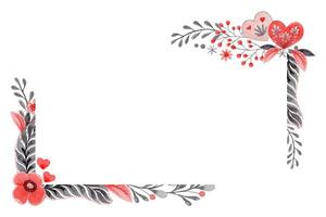 Horizontal frame with flower and copy space in folk style. Stylized illustration in red and gray colors for wedding invitation. Hand drawn composition is perfect for romantic and love designs. vector