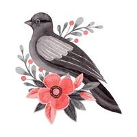 Dove with flower and twig arrangement in folk style. Stylized illustration in red and gray colors for wedding invitation creating. Hand drawn composition is perfect for romantic and love card design. vector