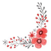Corner composition with flower and twig in folk style. Stylized illustration in red and gray color for wedding invitation creating. Hand drawn arrangement is perfect for romantic and love designs. vector