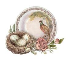 Bird nest with egg and porcelain plate watercolor illustration in vintage style. Festive dishware with pink rose and willow. Hand drawn art ideal for spring design. Easter greeting card template. vector