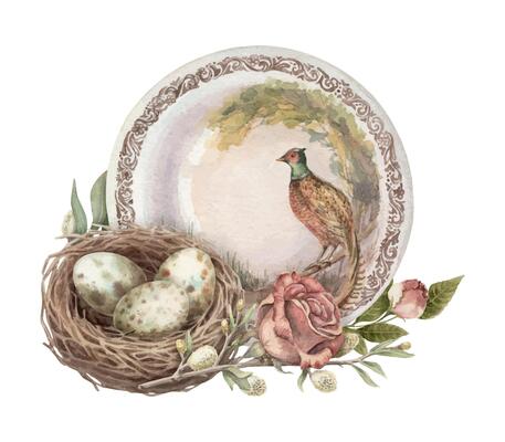 Bird nest with egg and porcelain plate watercolor illustration in vintage style. Festive dishware with pink rose and willow. Hand drawn art ideal for spring design. Easter greeting card template.