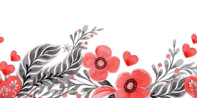 Bottom seamless border with flower and heart in folk style. Stylized illustration in red and gray color for wedding invitations. Hand drawn composition is perfect for romantic and love design. vector